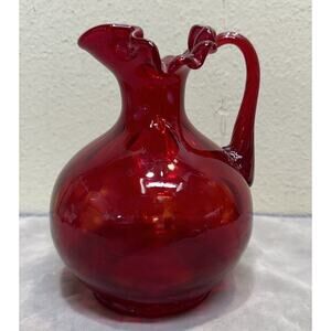 Fenton Ruby Red Blow Ewer Pitcher Crimped Ruffled Top Applied Handle